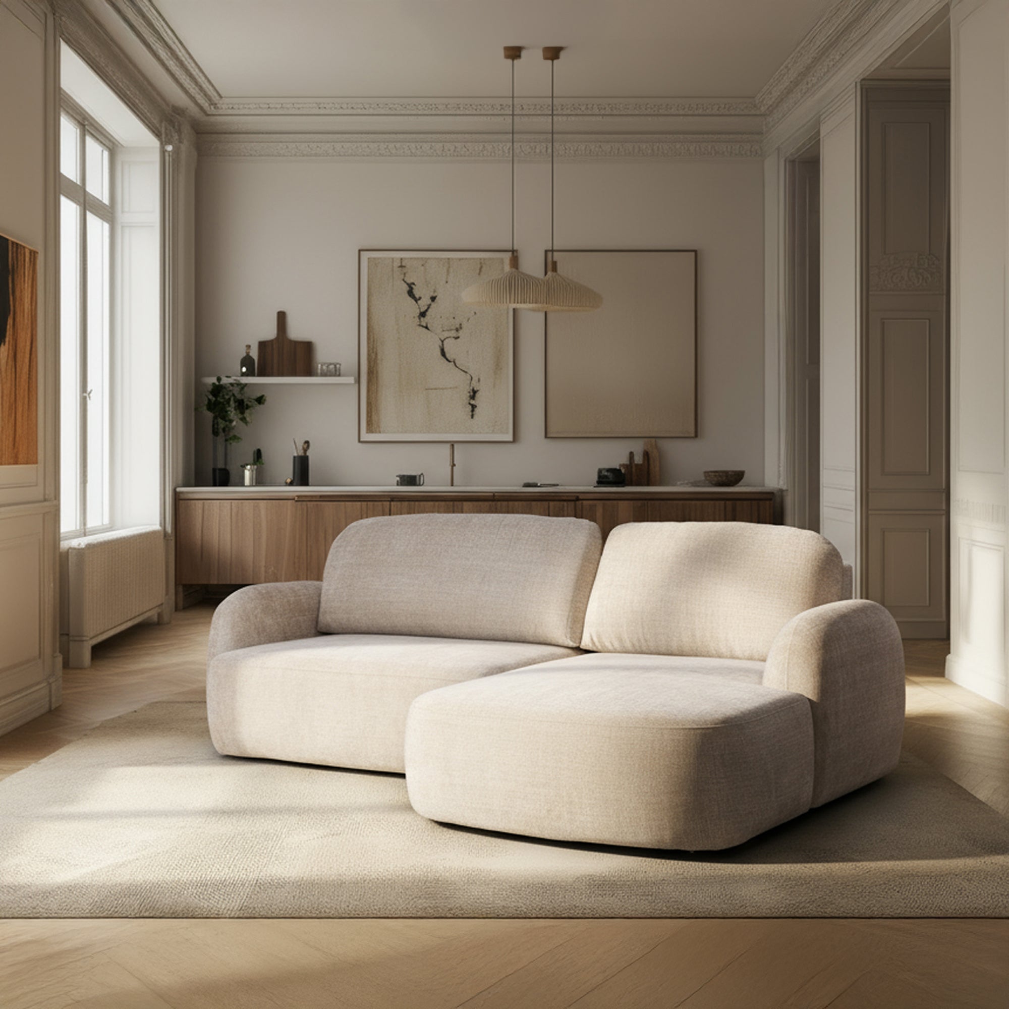 VIONA Canapé d'angle convertible avec coffre en tissu beige - Angle droit - Canapé d'angle convertible - Mobilier Deco