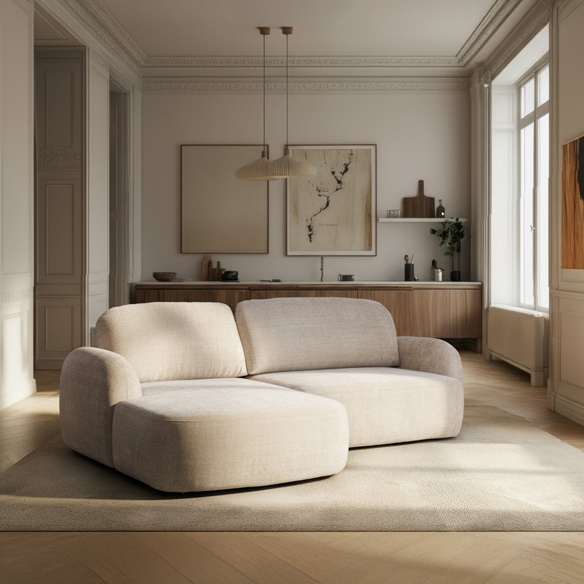 VIONA Canapé d'angle convertible avec coffre en tissu beige - Angle gauche - Canapé d'angle convertible - Mobilier Deco