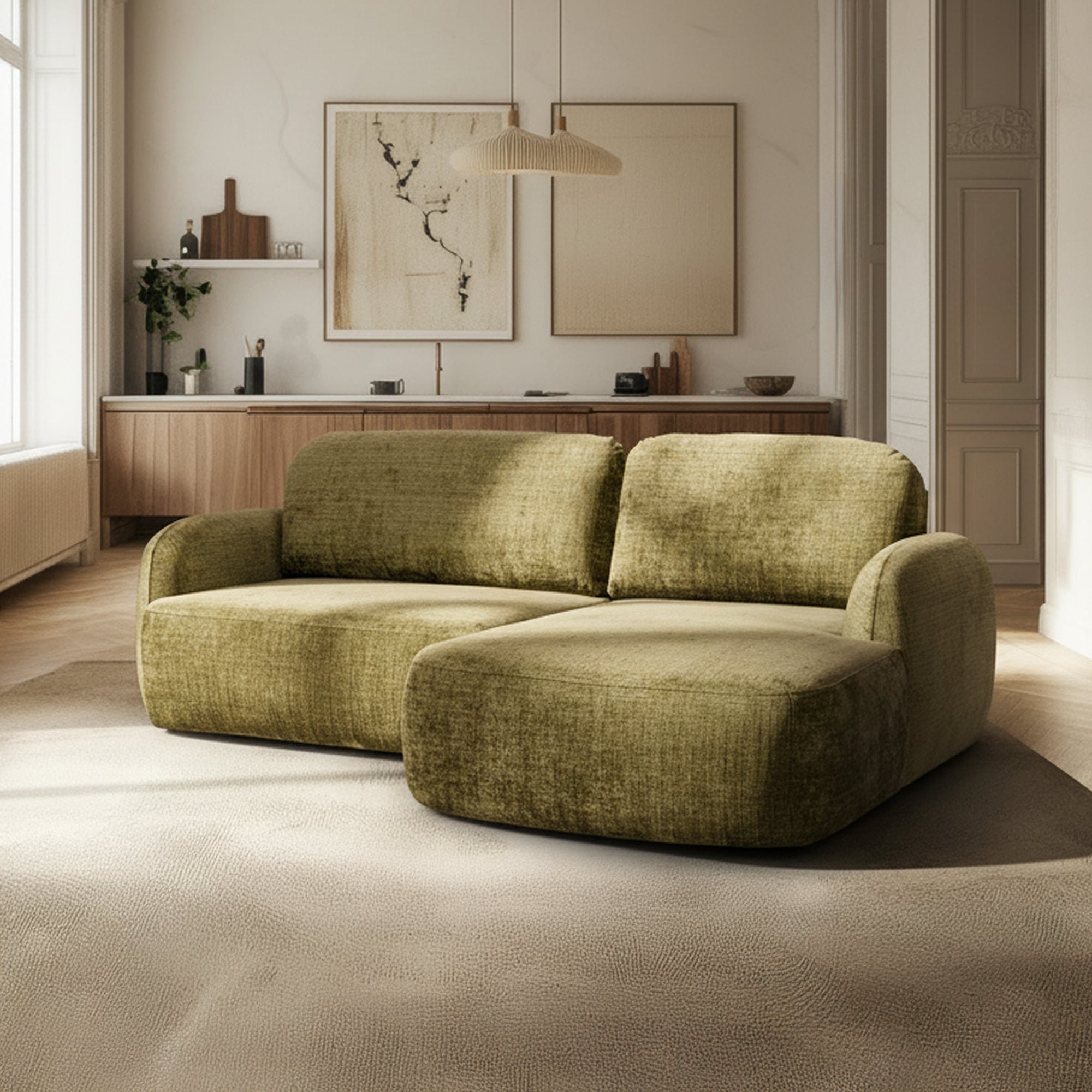 VIONA Canapé d'angle convertible avec coffre en tissu vert - Angle droit - Canapé d'angle convertible - Mobilier Deco
