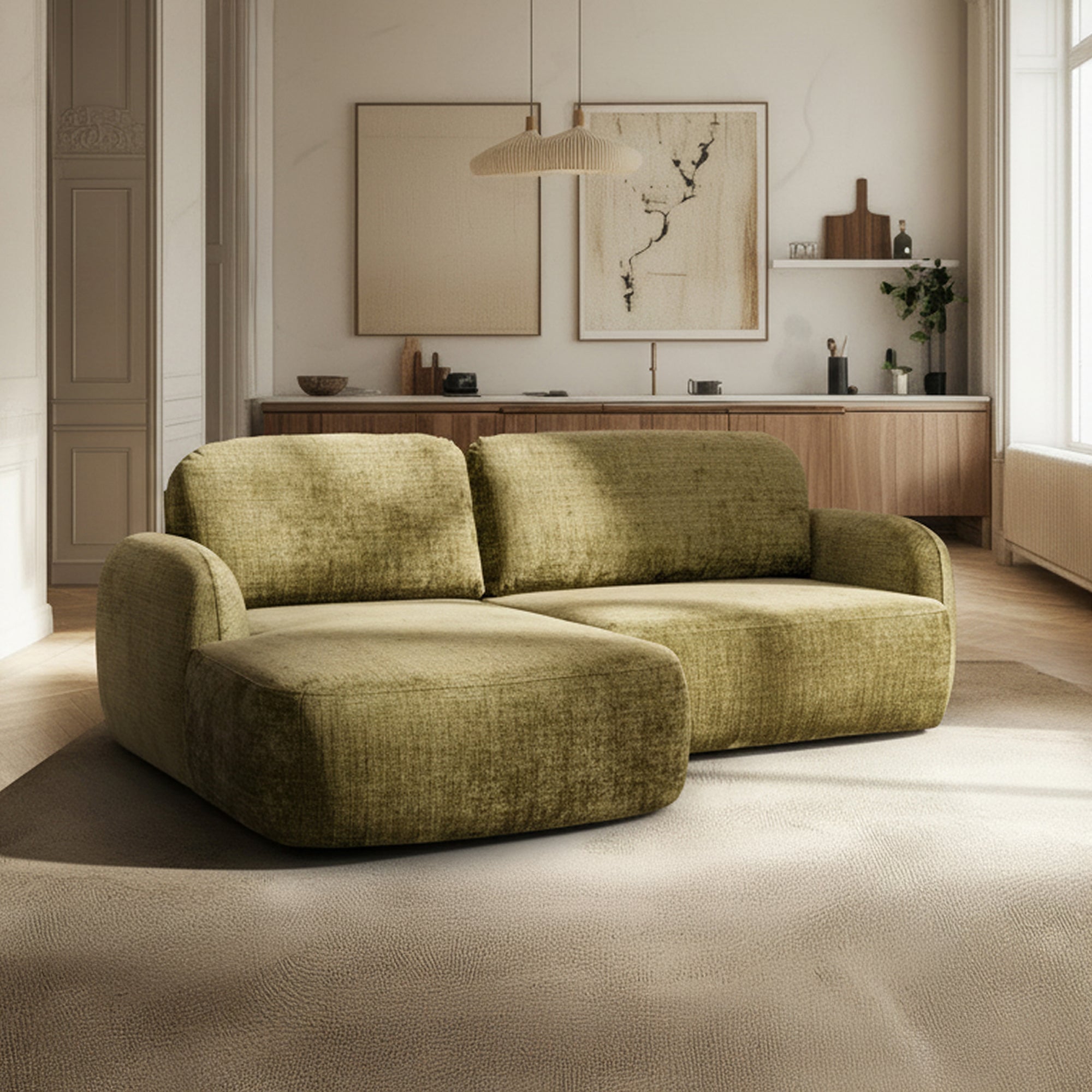 VIONA Canapé d'angle convertible avec coffre en tissu vert - Angle gauche - Canapé d'angle convertible - Mobilier Deco