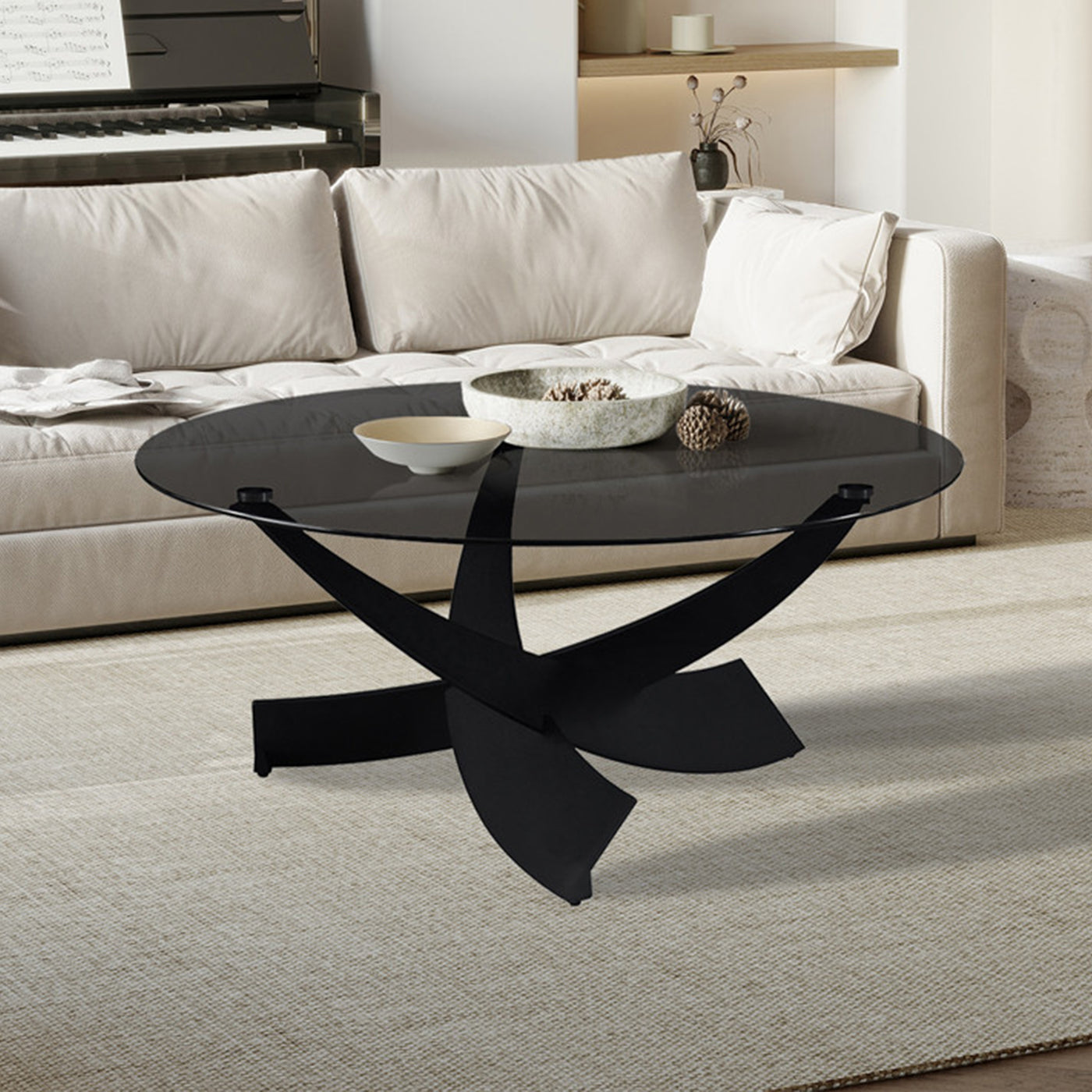 WESTON Table basse en verre teinté pieds croisés noir