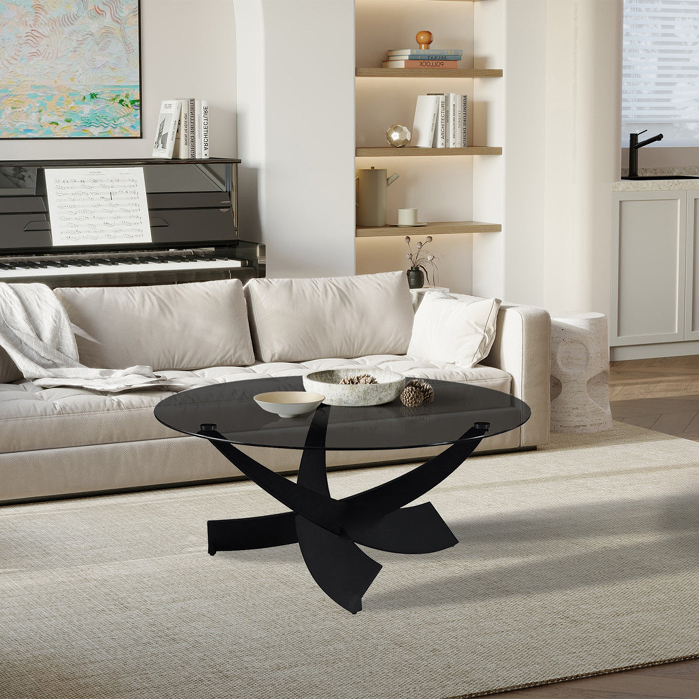 WESTON Table basse en verre teinté pieds croisés noir