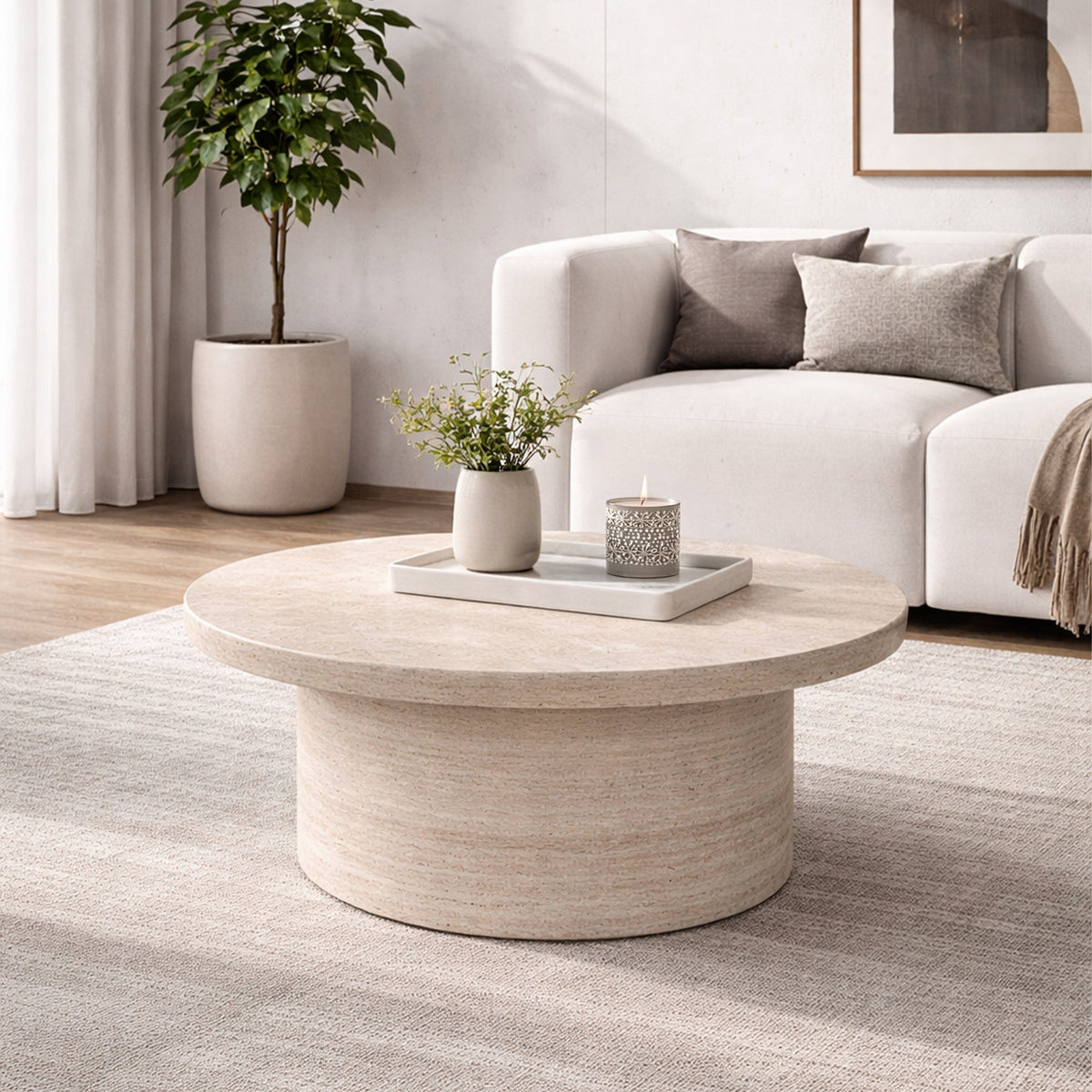 YARA Table basse ronde plateau en marbre d'ingénierie couleur bois - Table basse - Mobilier Deco