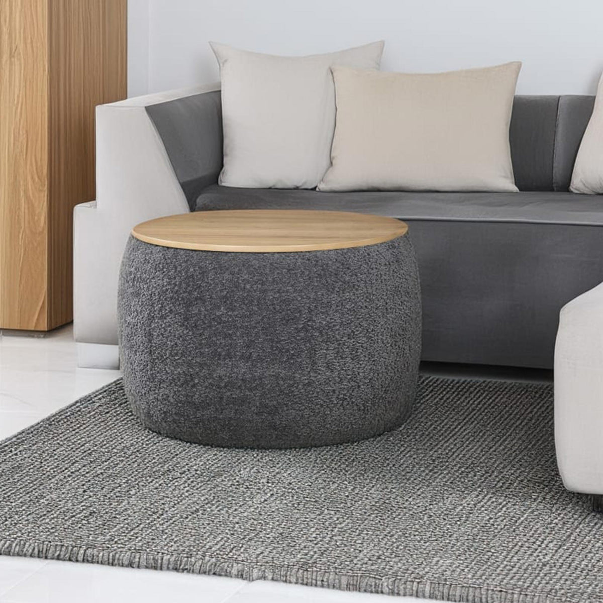 YUNIA Pouf rond coffre effet peau de mouton gris foncé - Poufs - Mobilier Deco