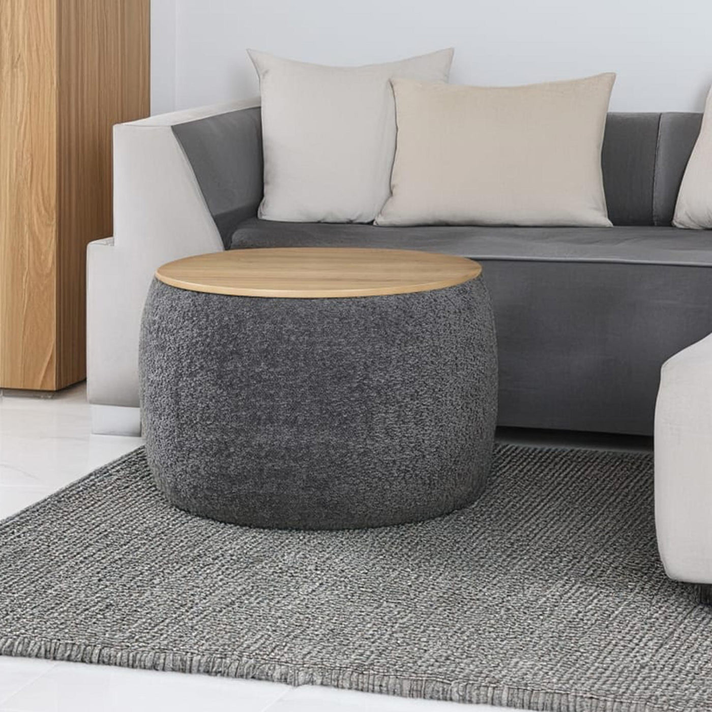 YUNIA Pouf rond coffre effet peau de mouton gris foncé
