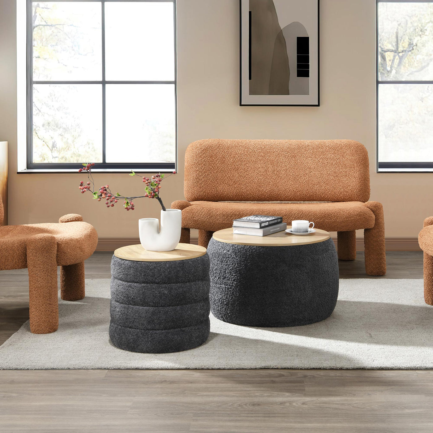 YUNIA Pouf rond coffre effet peau de mouton gris foncé