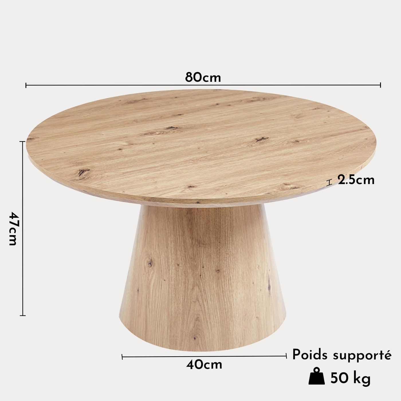 ZAYA Table basse ronde en bois couleur chêne vieilli piètement en cône