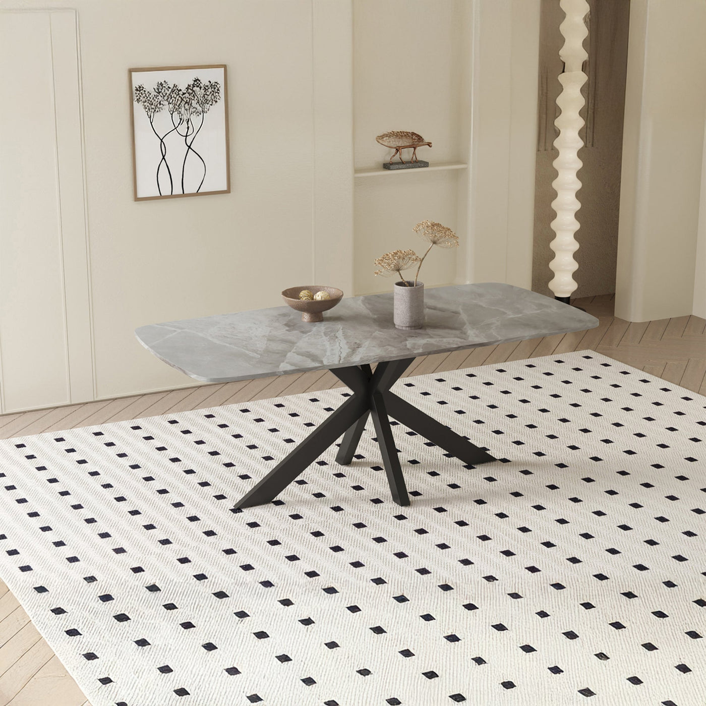ZELIANA Table à manger pierre brillant gris pieds métal noir - Table à manger - Mobilier Deco