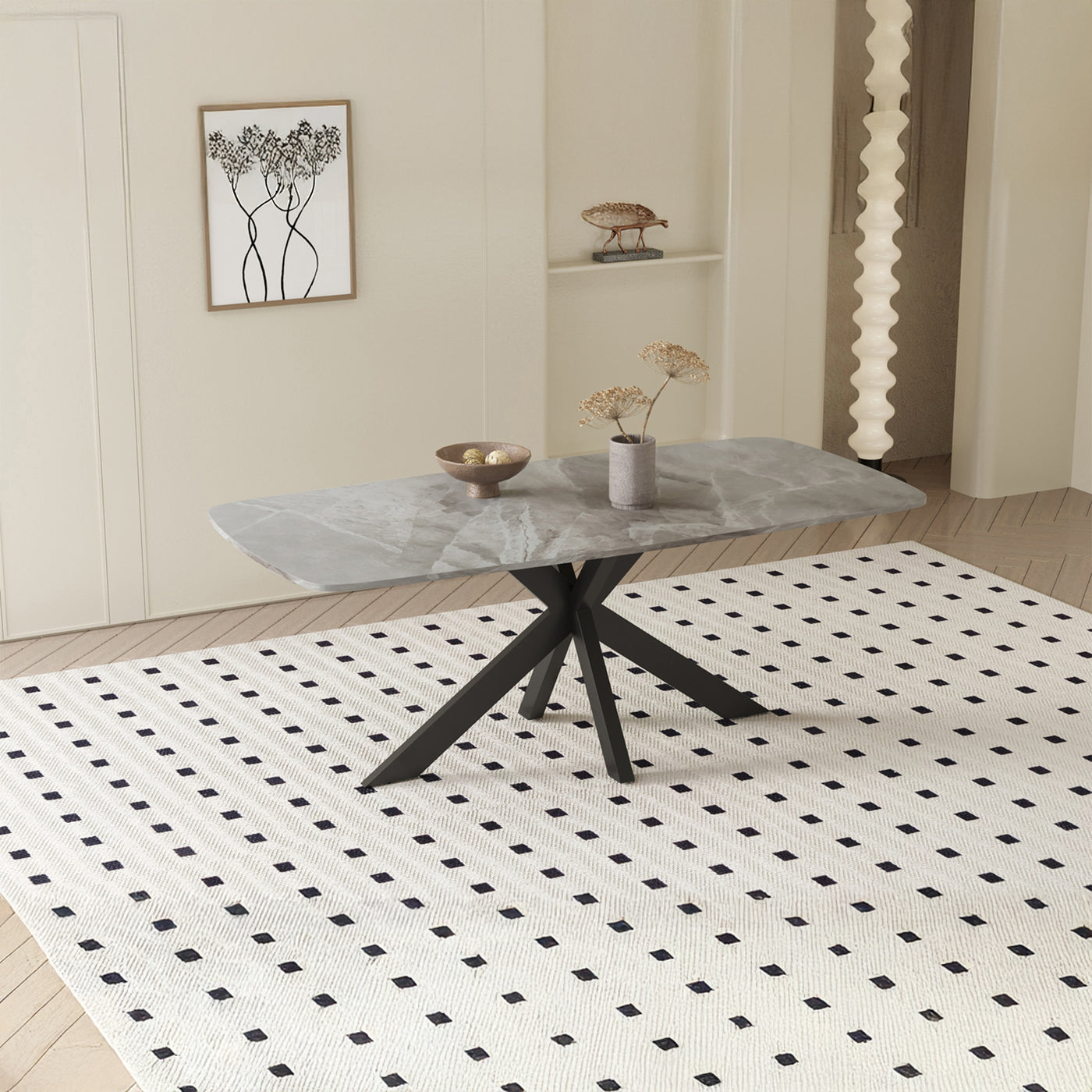ZELIANA Table à manger pierre brillant gris pieds métal noir