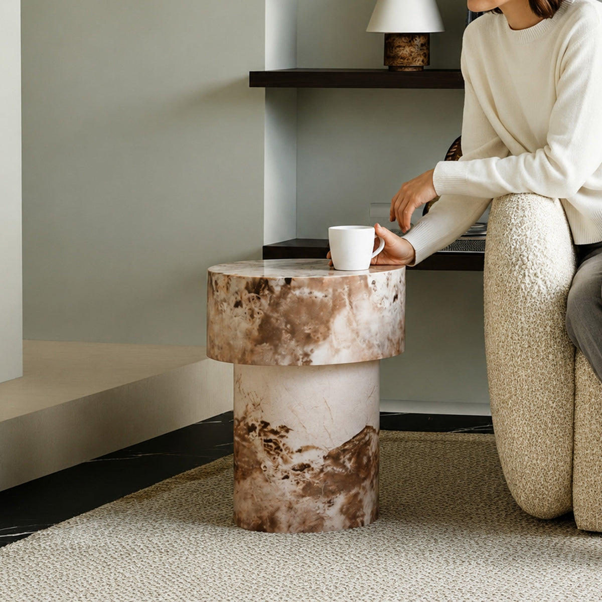 ZENA-39 Table d'appoint ronde en marbre d'ingénierie beige et marron D39 cm - Table basse - Mobilier Deco