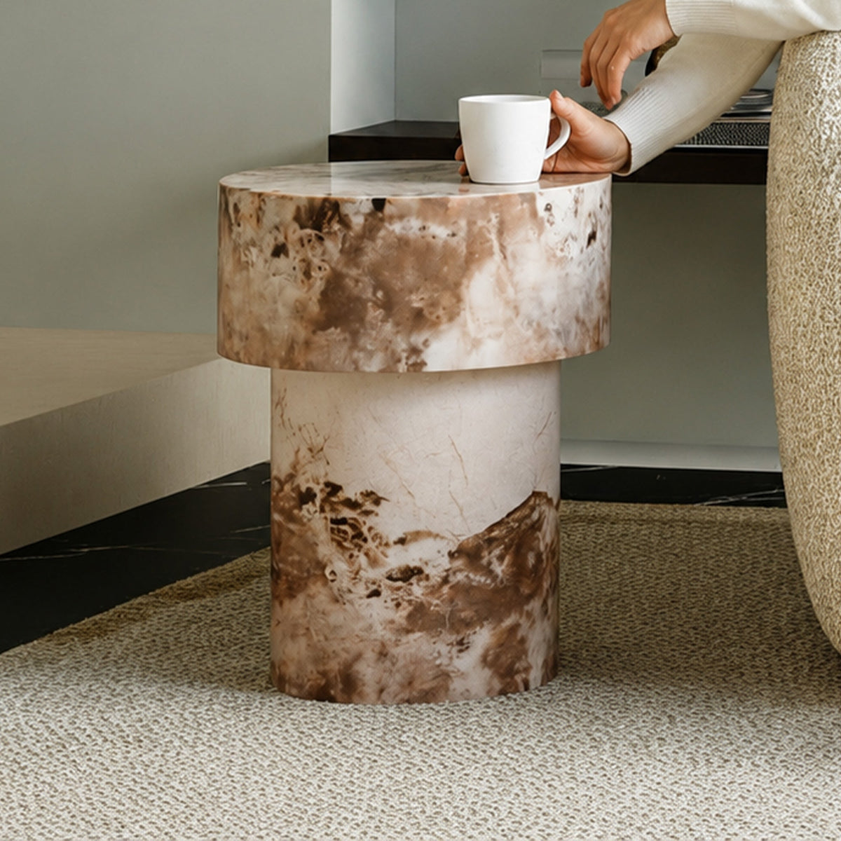 ZENA-39 Table d'appoint ronde en marbre d'ingénierie beige et marron D39 cm - Table basse - Mobilier Deco
