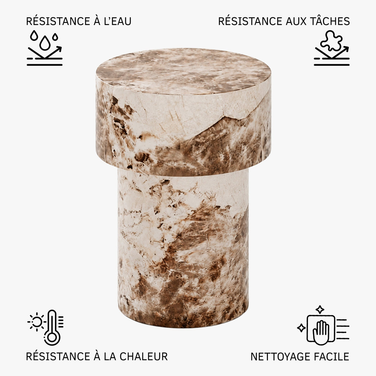 ZENA-39 Table d'appoint ronde en marbre d'ingénierie beige et marron D39 cm - Table basse - Mobilier Deco