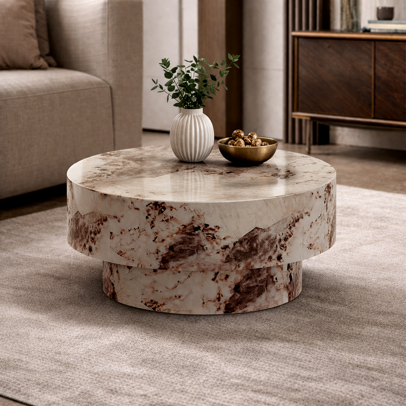 ZENA-70 Table basse ronde en marbre d'ingénierie beige et marron D70 cm