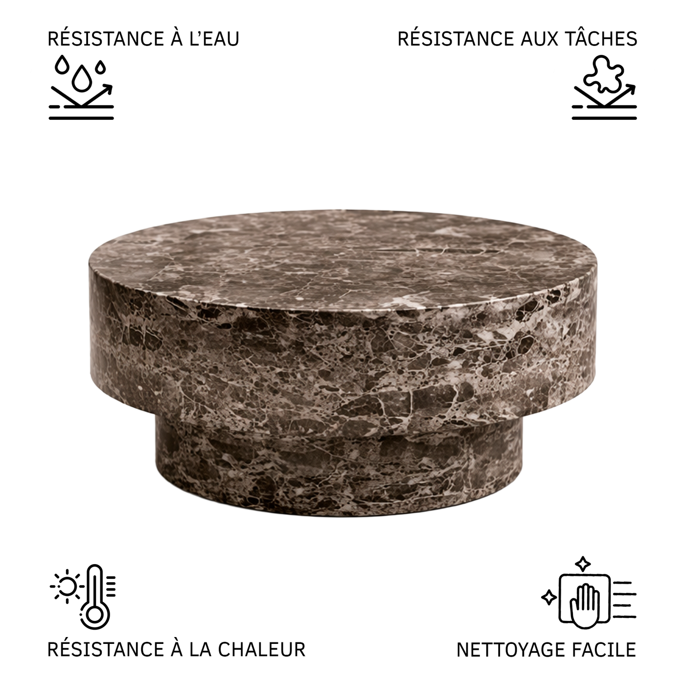 ZENA-70 Table basse ronde en marbre d'ingénierie marron D70 cm