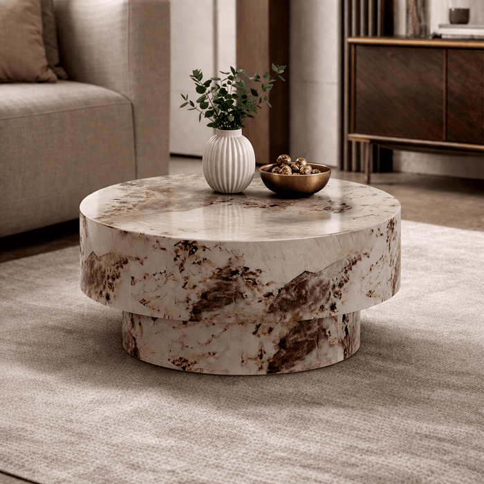 ZENA-70 Table basse ronde en marbre d'ingénierie beige et marron D70 cm