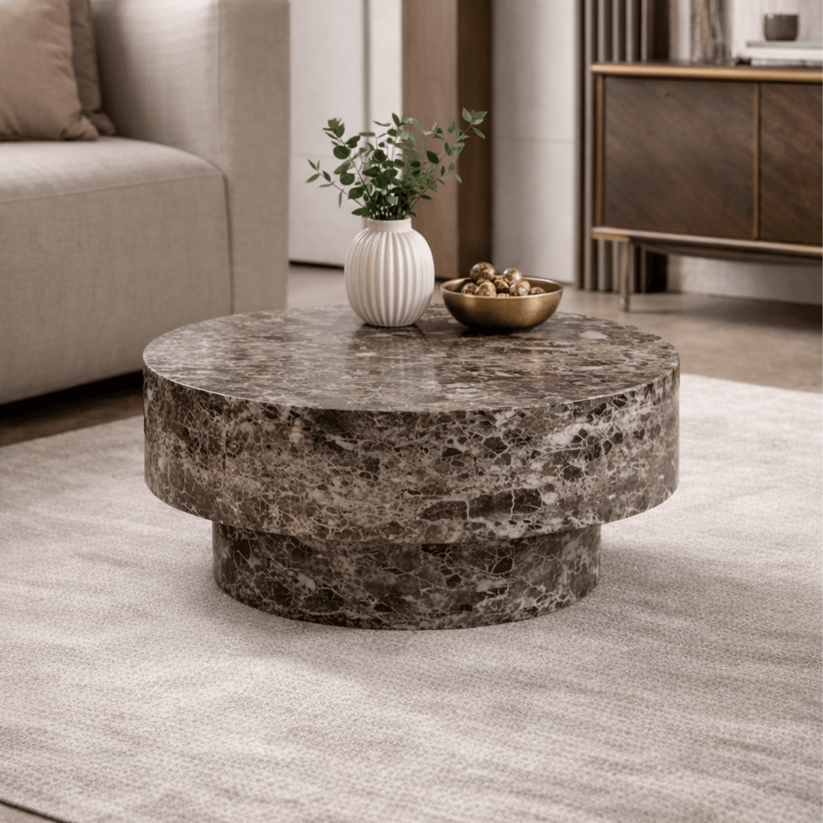 ZENA-70 Table basse ronde en marbre d'ingénierie marron D70 cm - Table basse - Mobilier Deco