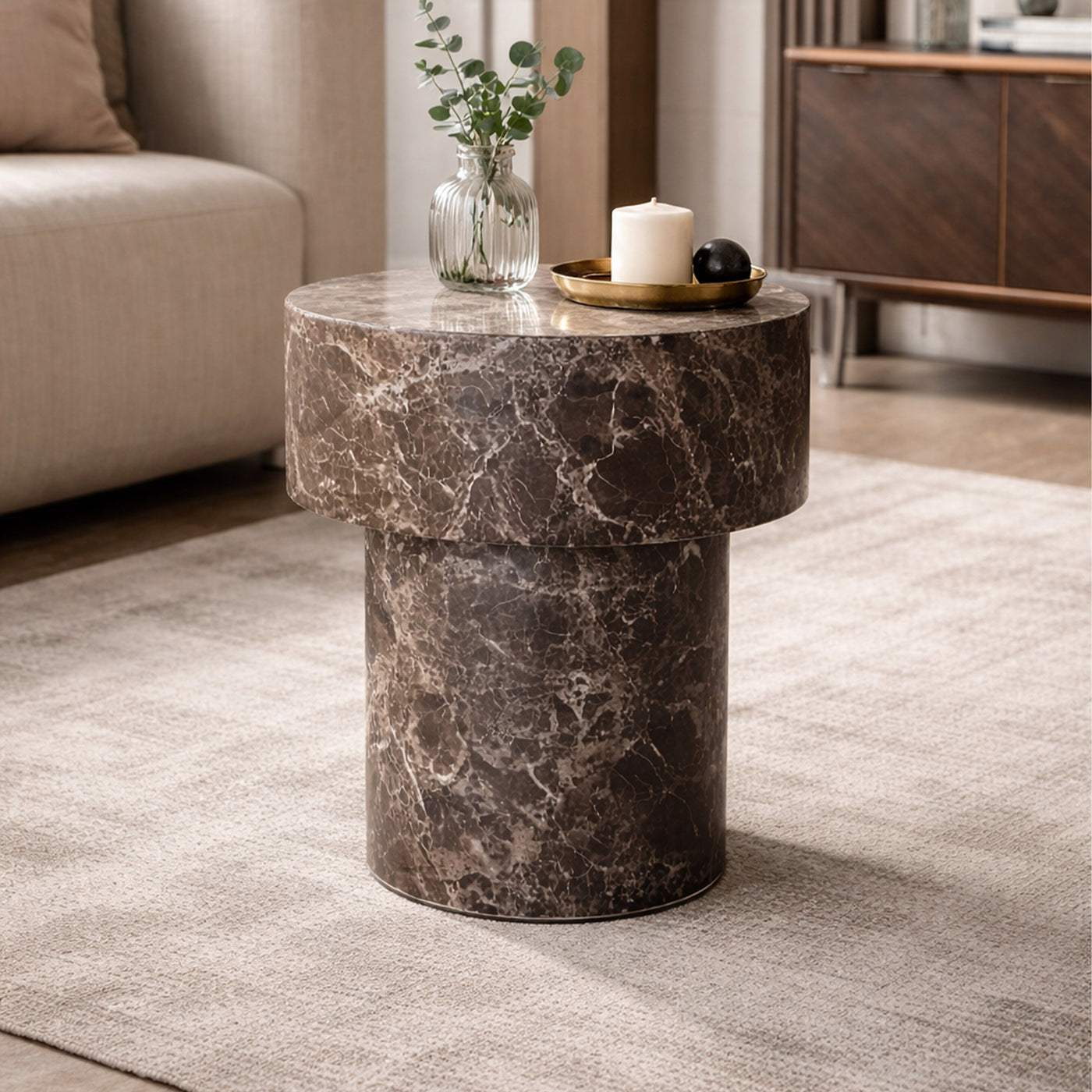 ZENA-39 Table d'appoint ronde en marbre d'ingénierie marron D39 cm