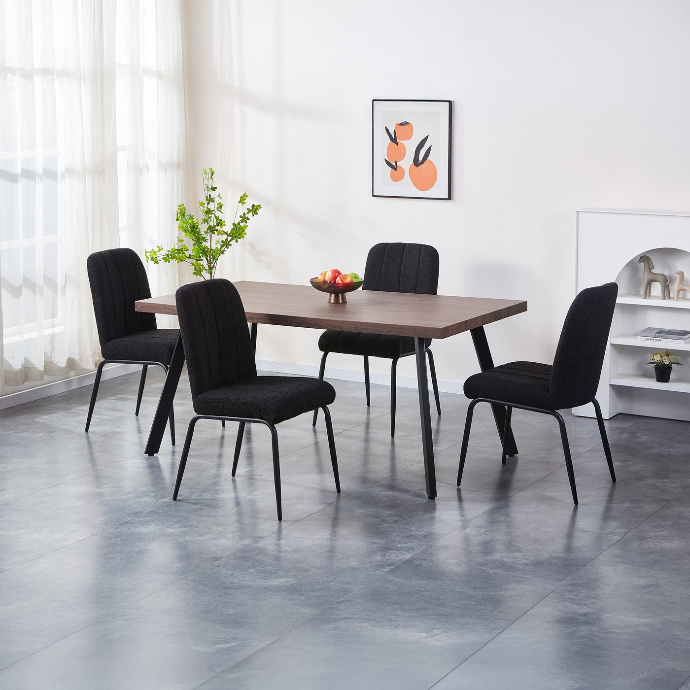 ZERA Lot de 4 chaises en tissu bouclette noir pieds en métal noir - Chaise de repas - Mobilier Deco