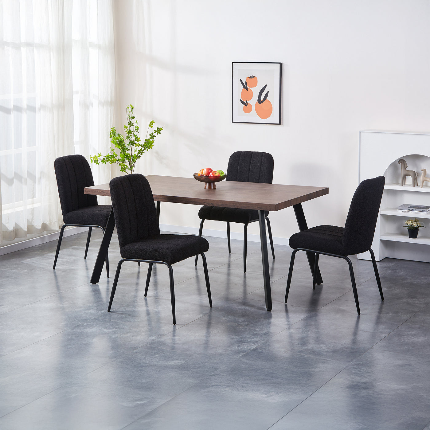 ZERA Lot de 4 chaises en tissu bouclette noir pieds en métal noir