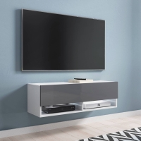 Meuble TV suspendu 1 porte 2 niches blanc et gris - 100 cm