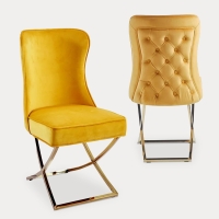 Lot de 2 chaises en velours jaune moutarde pieds en métal doré