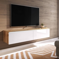 Meuble TV contemporain chêne et laqué blanc avec LED 2 portes - 140 cm