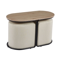 Ensemble table basse couleur bois avec 2 poufs encastrables en tissu beige