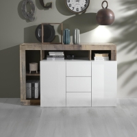 Buffet 2 portes 3 tiroirs bois et blanc