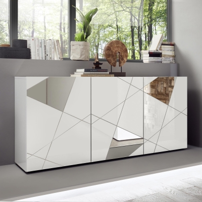 Buffet 3 portes design blanc détails miroir