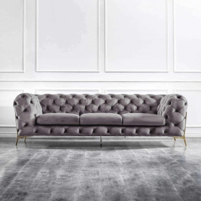 Canapé capitonné chesterfield en velours gris 3 places Angela