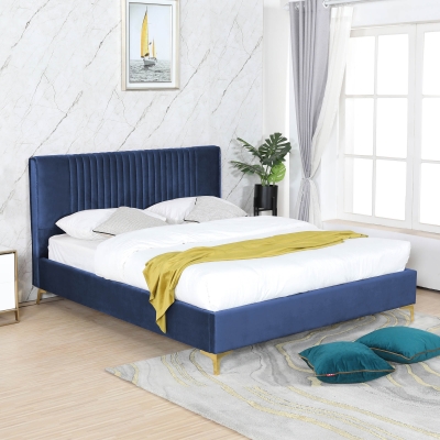 Lit double en tissu velours bleu BERENICE 140x190 cm