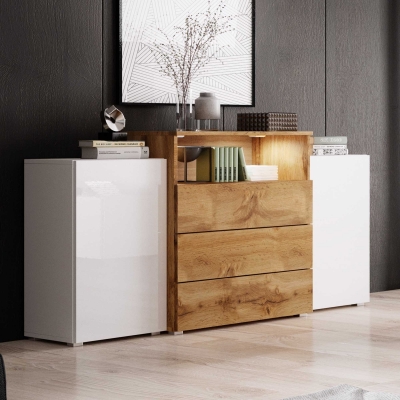 Buffet commodes 2 portes 3 tiroirs blanc et bois avec LED