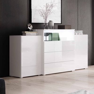 Buffet commodes 2 portes 3 tiroirs blanc laqué avec LED