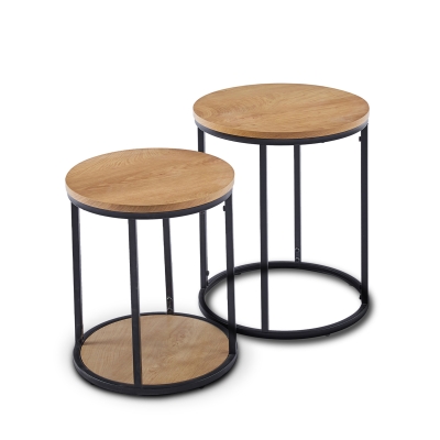 Lot de 2 tables basses rondes en bois et métal noir