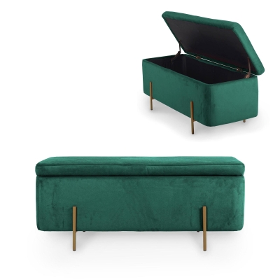 Banquette coffre de rangement en velours vert et pieds dorés