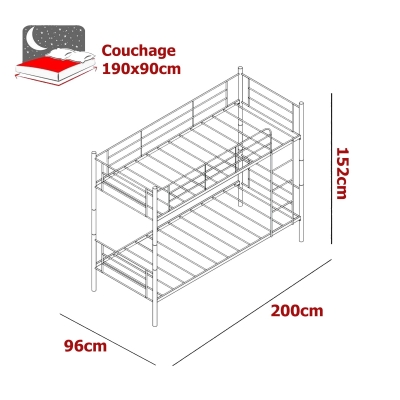 Lit superposé 90x190 cm en métal avec sommier