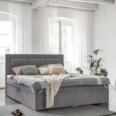 Lit boxspring 140x200 avec coffre de rangement en velours gris MONIKA