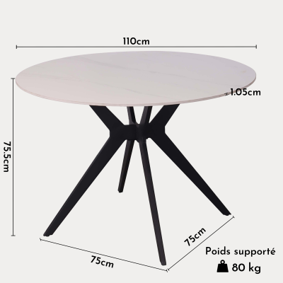 Table à manger ronde pierre frittée blanc piètement en métal noir