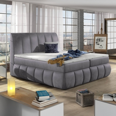 Lit boxspring 180x200 avec coffre de rangement en velours gris OXANA