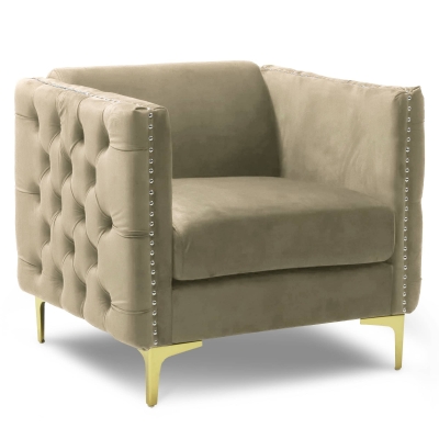 Fauteuil capitonné en velours beige