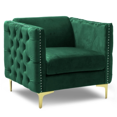 Fauteuil capitonné en velours vert