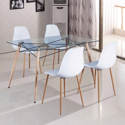 Table en verre avec 4 chaises blanches scandinaves