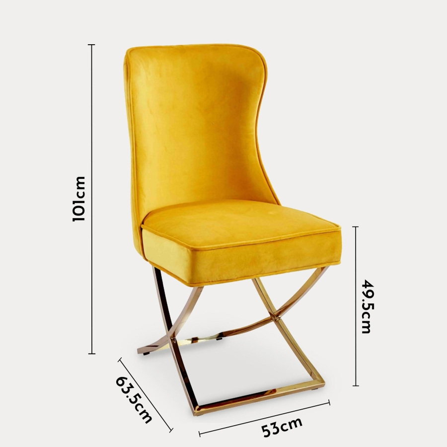 Lot de 2 chaises en velours jaune moutarde pieds en métal doré