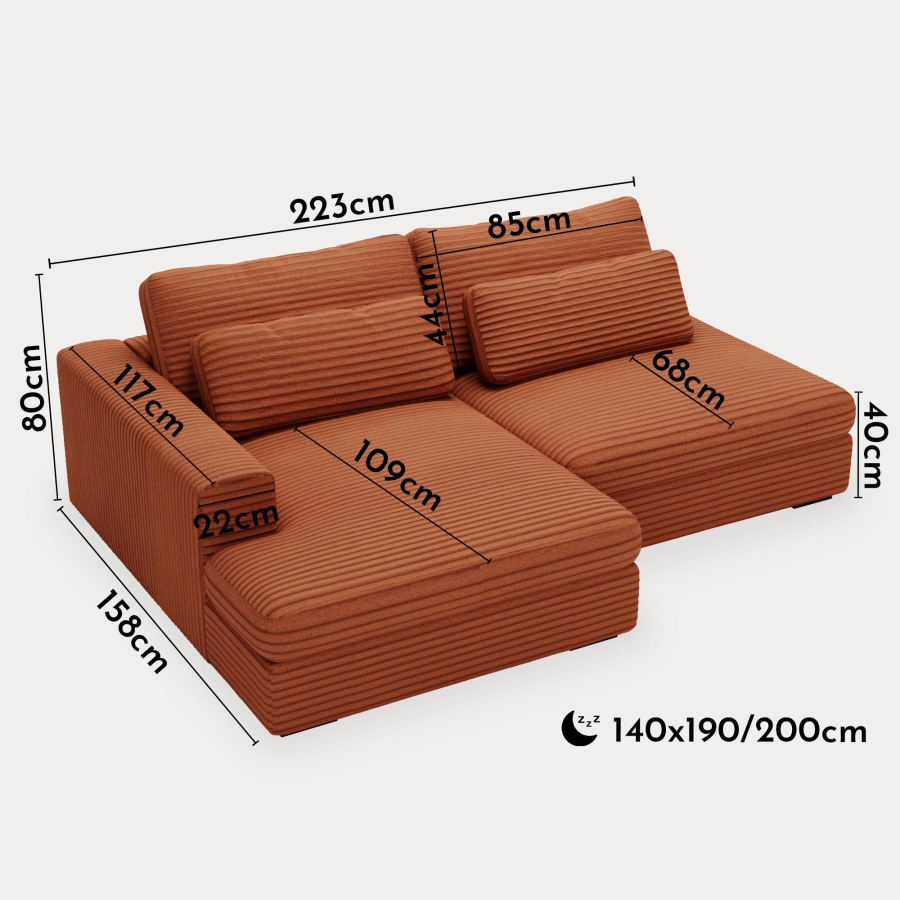 Canapé d'angle convertible avec coffre en velours gros côtelé terracotta- Angle gauche