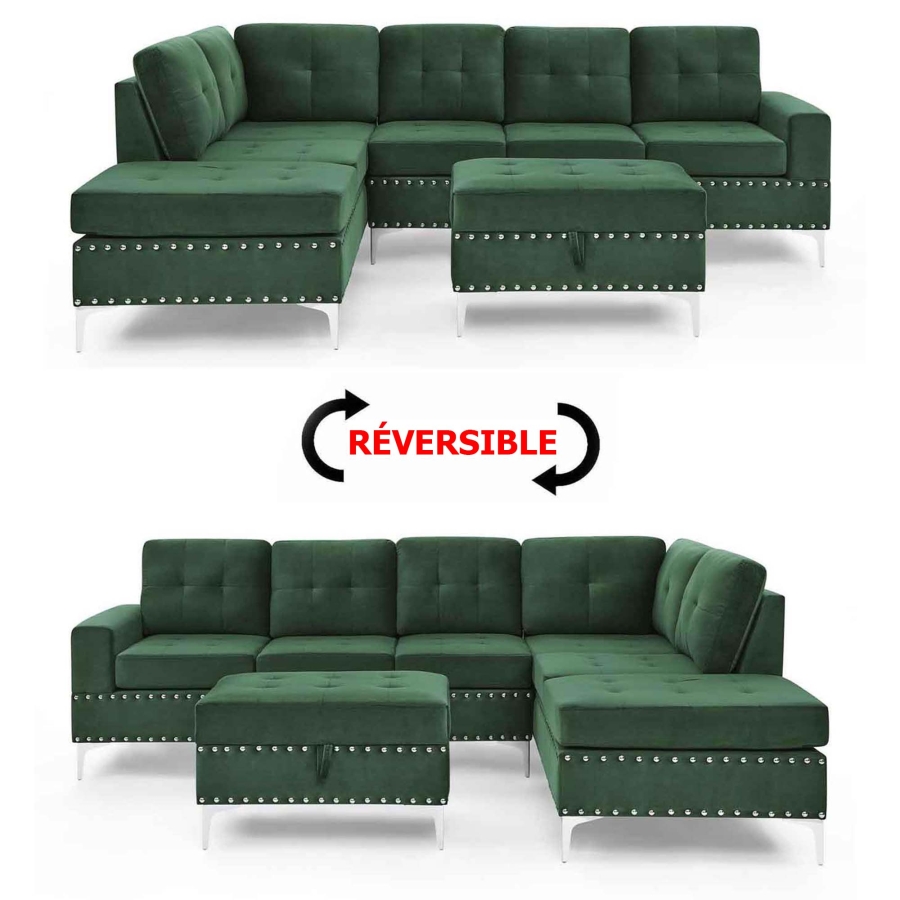 Canapé d'angle réversible avec pouf en velours vert