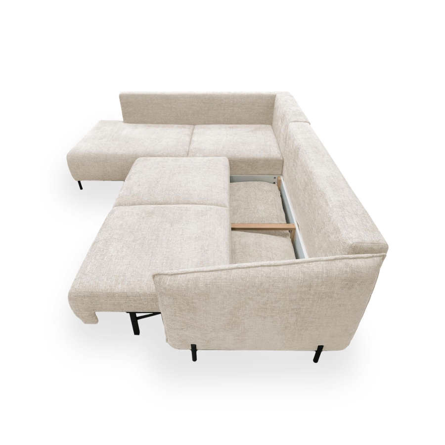 Canapé d'angle convertible avec coffre en tissu beige - Angle gauche