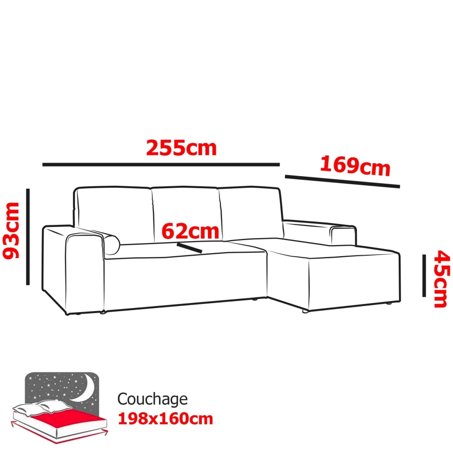 Canapé d'angle droit convertible avec coffre en velours côtelé gris