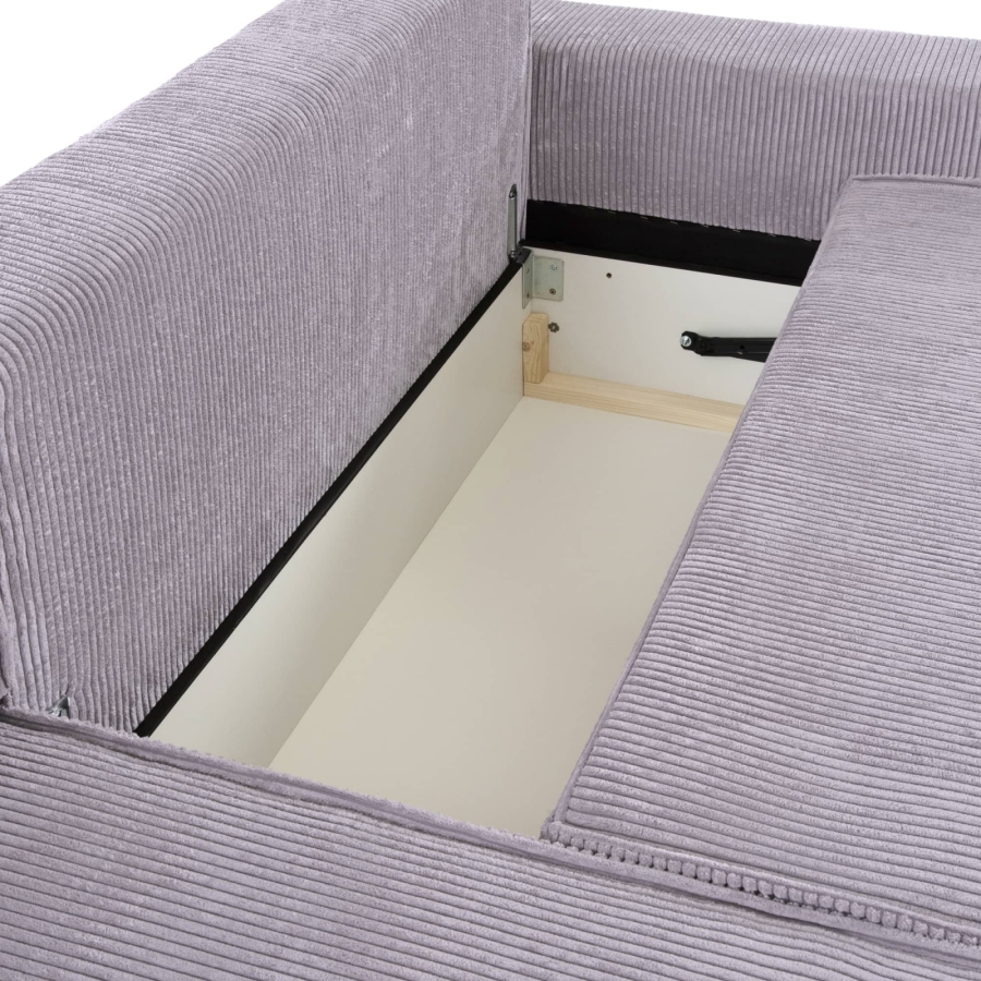 Canapé d'angle gauche convertible avec coffre en velours cotelé lilas