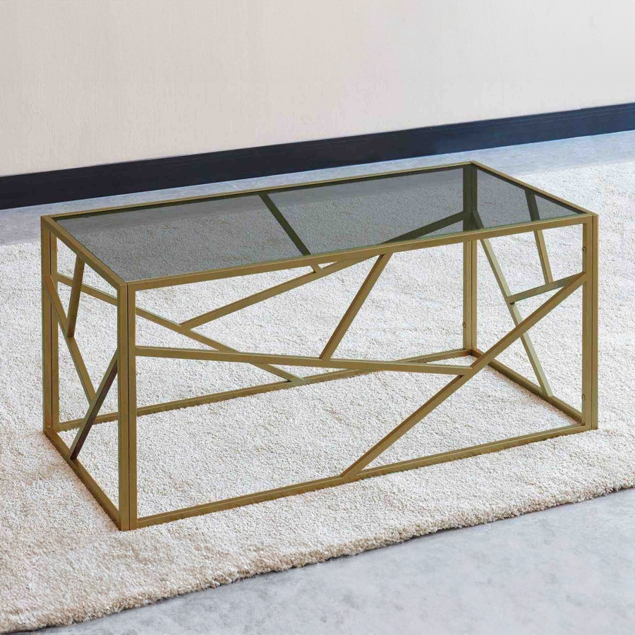 Table basse rectangulaire en verre noir et métal doré