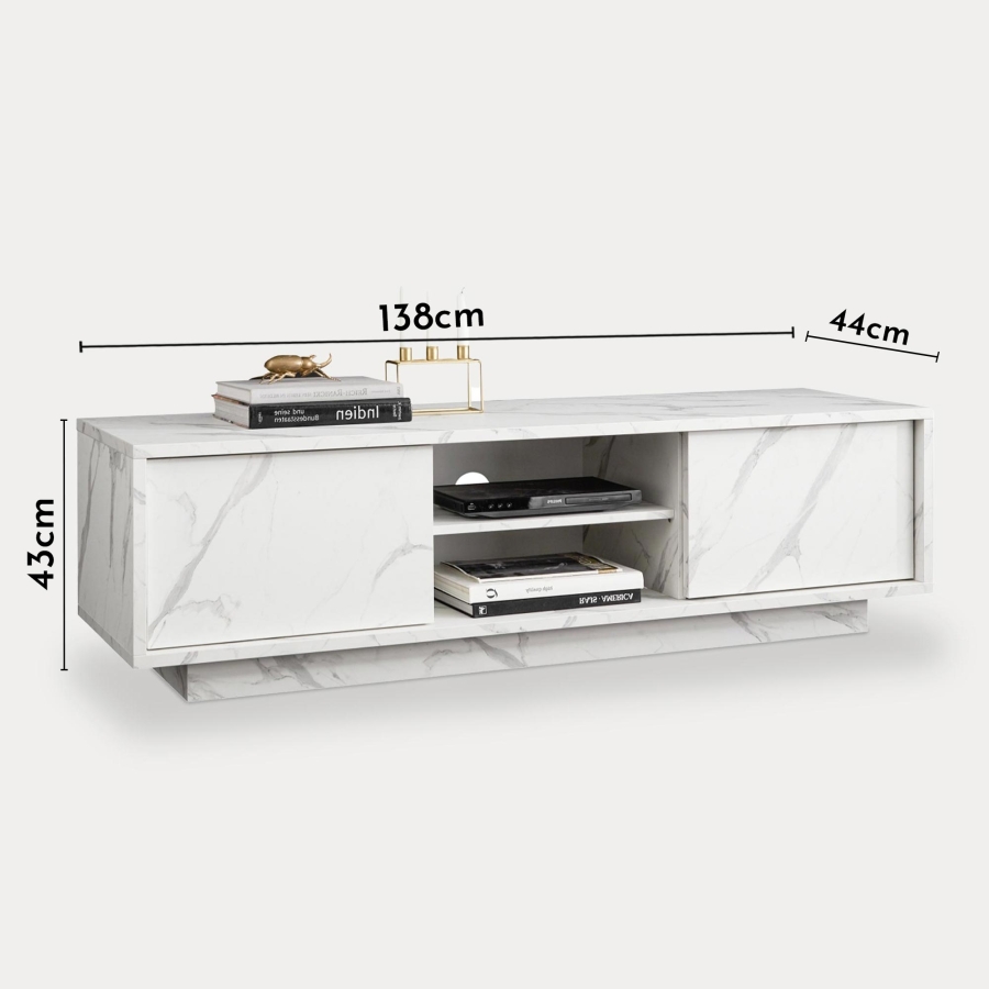 Meuble TV 2 portes 2 niches effet marbre blanc